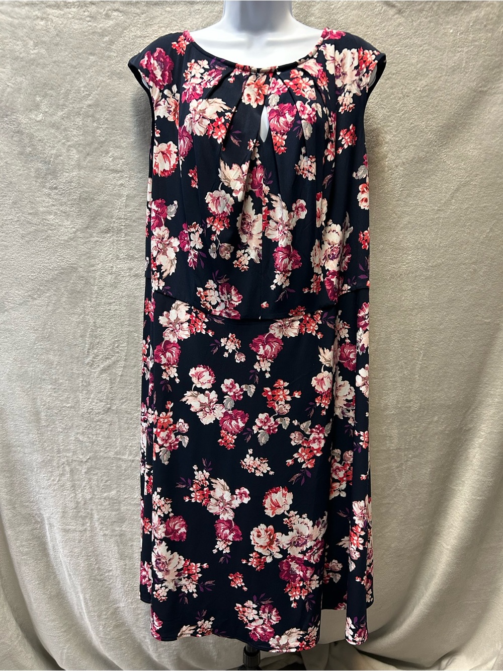 Maggy London Woman Navy Floral Midi Dress with Pink and Cream Blooms